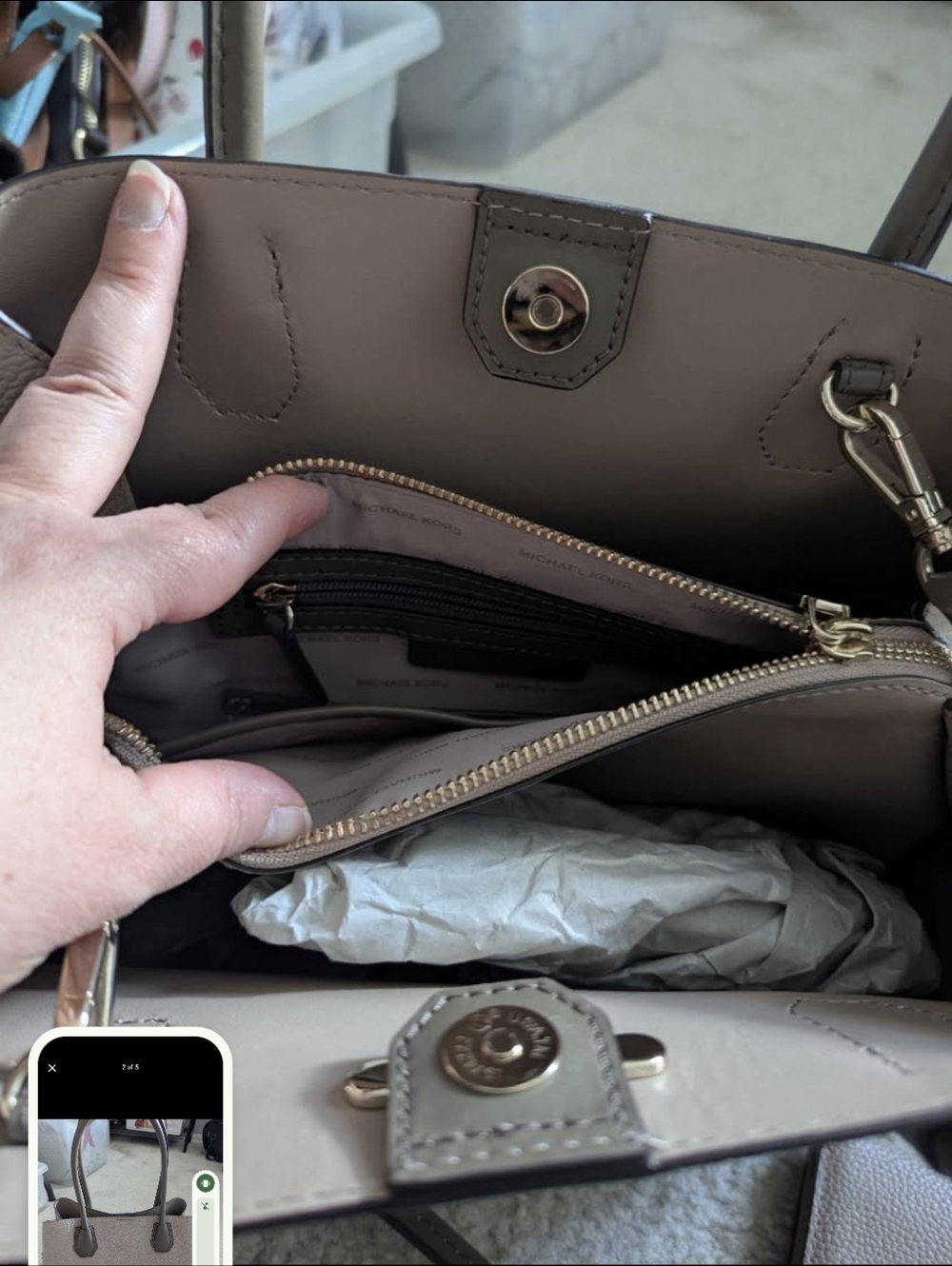Michael Kors Taupe and Dark Gray Leather Satchel with Wristlet - Picture 3 of 5